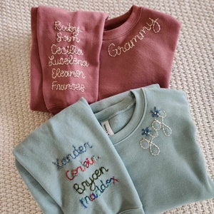 Mama- Hand Embroidered Sweatshirt, Collar Embroidery, Name on Sleeve, Mother's Day Gift, Personalized Bella Canvas Crewneck, New Mom Gift