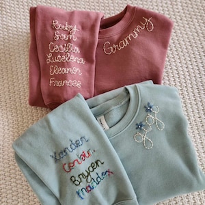 Mama- Hand Embroidered Sweatshirt, Collar Embroidery, Name on Sleeve, Mother's Day Gift, Personalized Bella Canvas Crewneck, New Mom Gift