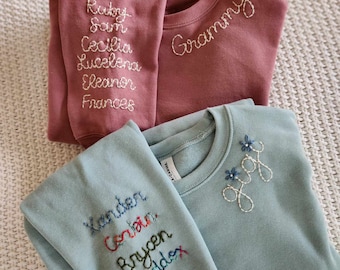Mama- Hand Embroidered Sweatshirt, Collar Embroidery, Name on Sleeve, Mother's Day Gift, Personalized Bella Canvas Crewneck, New Mom Gift