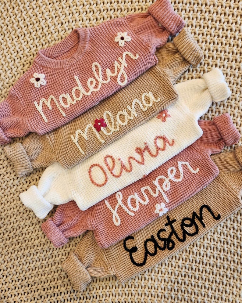 Baby Name Sweater, Hand Embroidered Name Sweater, Custom Baby Sweater, Personalized Sweater, Baby Announcement, Custom Baby Gift image 5