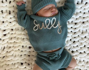 Geburtsankündigungsset - Seefarbe, benutzerdefinierter Name Baby-Pullover & Shorts, personalisierte Geburtsankündigung, handbestickter Pullover
