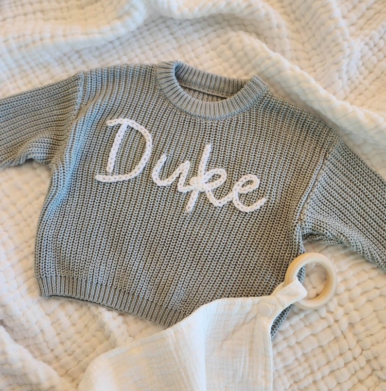 Sky Blue Baby Name Sweater, Hand Embroidered Sweater, Chunky Knit Sweater, Personalized Name Sweater, Baby Announcement, Custom Baby Gift image 3