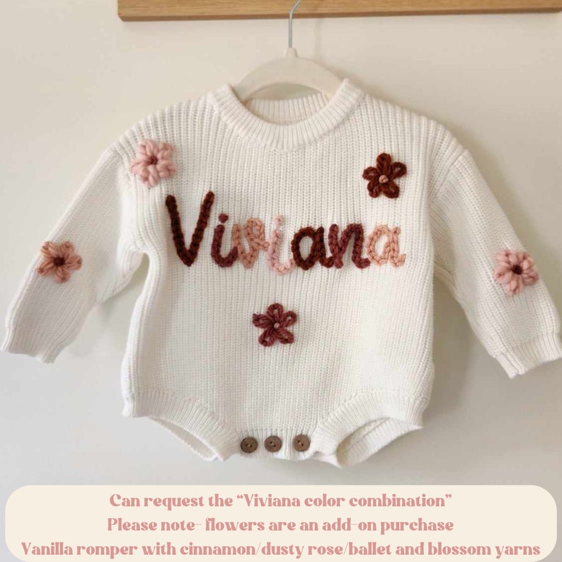 Personalized Hand Embroidered Sweater Romper, Birth Announcement Sweater, Name Sweater, Embroidered Knit Romper, First Birthday Outfit image 4