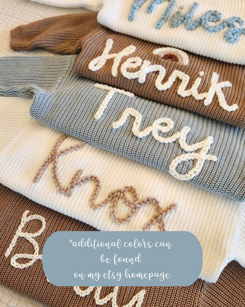 Sky Blue Baby Name Sweater, Hand Embroidered Sweater, Chunky Knit Sweater, Personalized Name Sweater, Baby Announcement, Custom Baby Gift image 5