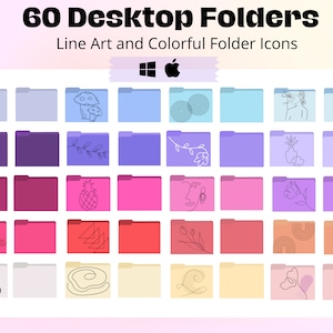 Puede incluir: 60 Carpetas de escritorio: Arte lineal e iconos de carpetas coloridos. Un conjunto de 60 iconos de carpetas coloridos con diseños de arte lineal. Los iconos están dispuestos en una cuadrícula de seis filas y diez columnas. Los iconos presentan una variedad de diseños, incluyendo flores, formas geométricas y animales.