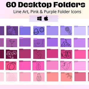 May include: 60 desktop folder icons in a grid. The icons are line art drawings in pink, purple, and white. The icons include a peach, a cactus, a pineapple, a rose, a crescent moon, a sunflower, a face, a triangle, and more.