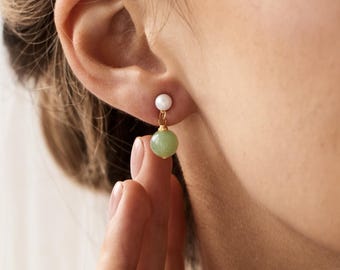 Natural Jade Pearl Earrings, Freshwater Pearl Jewelry, Natural Green Jade Earrings, Bridal Jewelry, Bridesmaid Gift, Dainty Earrings