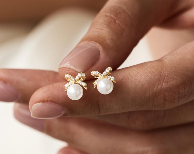 Pearl Stud Earrings | Bow Earrings for Women Bridesmaid Gift, Bridal Jewelry, Dainty Pearl Earrings, Gift for Her, Wedding Earrings
