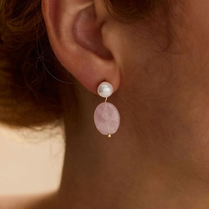 Rose Quartz Pearl Earrings, Natural Pink Crystal Dangle, Healing Crystal Gift for Her, Bridesmaids Gift
