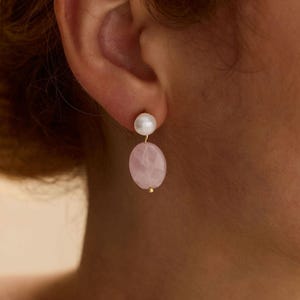 Brincos de Quartzo Rosa com Pérola, Pingente de Cristal Rosa Natural, Presente de Cristal de Cura para Ela, Presente para Madrinhas