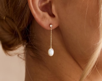 Pendants d'oreilles perle, pendants d'oreilles chaîne, boucles d'oreilles de mariée délicates, boucles d'oreilles de mariage pour la mariée, cadeau de demoiselle d'honneur