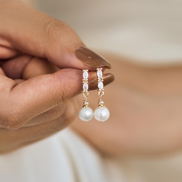 Real Freshwater Pearl Drop Earrings with Diamond, Bridal Earrings, Wedding Earrings for Brides, Pearl Jewelry, Bridesmaid Gift, Gift for Her