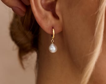 Pearl Hoop Earrings, Gold Huggie Earrings with Pearl Drop, Simple Bridal Earrings, Bridesmaid Gift