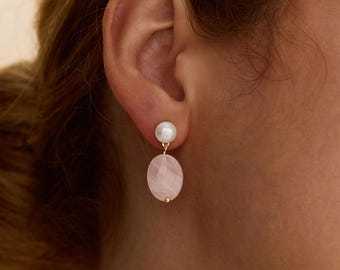 Rose Quartz Pearl Earrings, Natural Pink Crystal Dangle, Healing Crystal Gift for Her, Bridesmaids Gift
