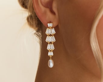 Baguette CZ Pearl Earrings, Pearl Drop Bridal Earrings, Dainty Wedding Jewelry, Gold Dangle Earrings, Bridal Jewelry Gift