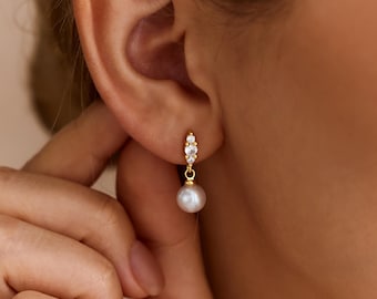Pearl Drop Earrings, Three Stone Marquise Shape CZ Earrings, Bridal Pearl Jewelry, Dainty Dangle Earrings, Bridesmaid Gift