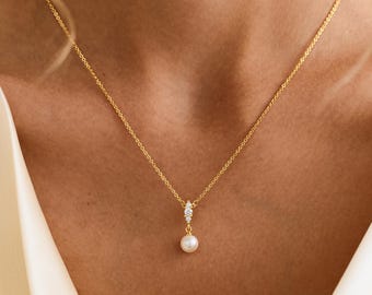 Pearl Pendant Necklace, Three Stone Marquise Shape CZ Diamond Necklace, Bridal Pearl Jewelry, Dainty Pearl Necklace, Bridesmaid Gift