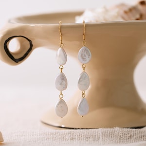 Baroque Freshwater Pearl Drop Earrings, 925 Sterling Silver Long Dangle Earrings, Natural Flat Pearl Bridal Jewelry, Elegant Gift for Women