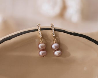 Natural Freshwater Pearl Zircon Earrings | 925 Sterling Silver | White & Pink-Purple Pearls | Elegant Bridal Jewelry | Christmas Gift