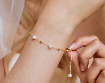 Real Natural Freshwater Pearl Bracelet, Dainty 14k Gold Bracelet, Pearl Beaded Bracelet, Simple Bracelet, Bridesmaid Gift, Mothers day Gift