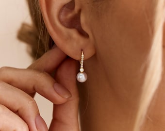 Pearl Drop Earrings, Vertical Bar zircon Pearl Earrings, Minimalist Gold Earrings, Bridesmaid Gift, Gift for Her