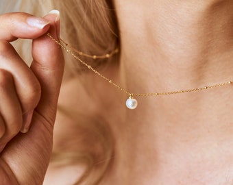 Minimalist Gold Pearl Necklace, Real Natural Pearl Necklace with Beads Chain, Dainty Choker, Bridesmaid Gift, Birthday Gift for her