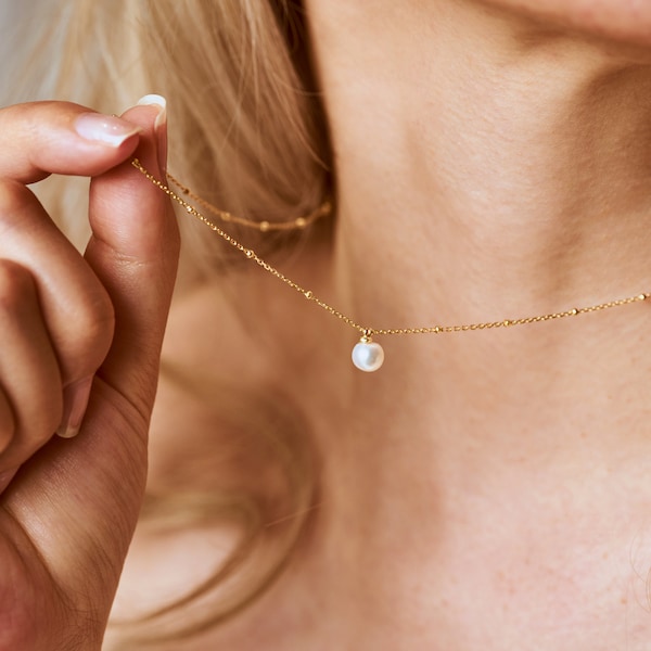 Minimalist Gold Pearl Necklace, Real Natural Pearl Necklace with Beads Chain, Dainty Choker, Bridesmaid Gift, Birthday Gift for her