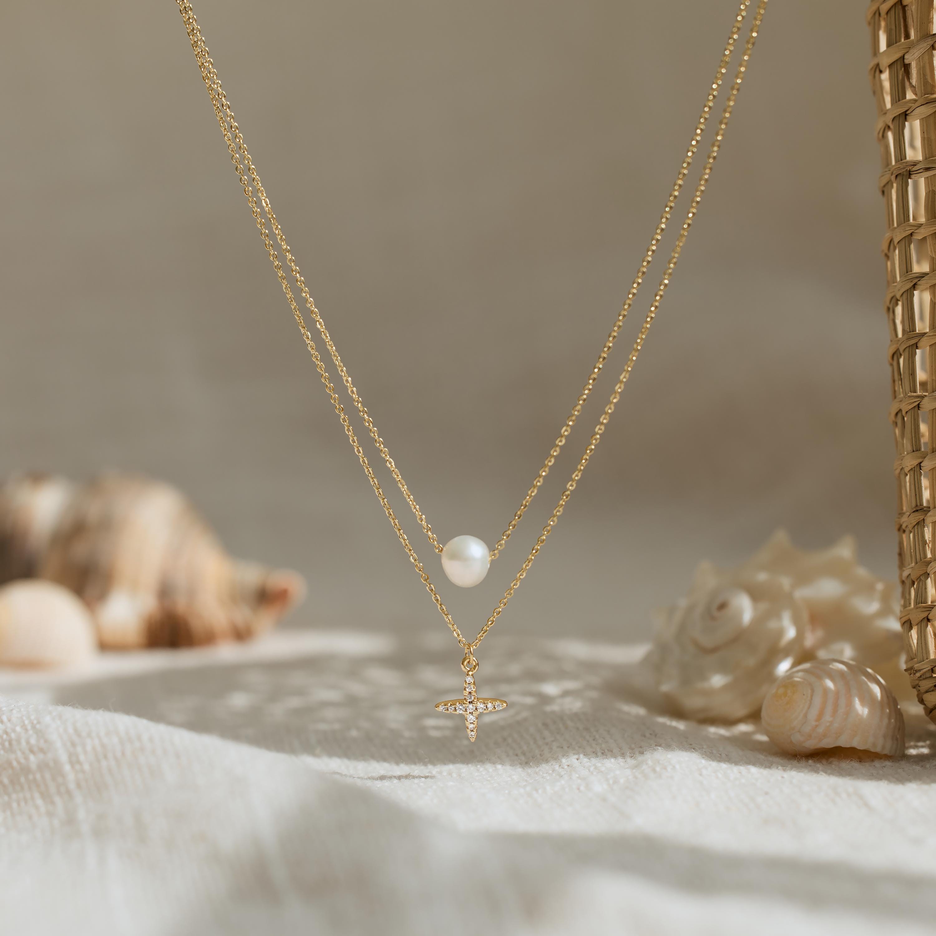 Double Layer Freshwater Pearl - Diamond Cross Necklace  display picture 2