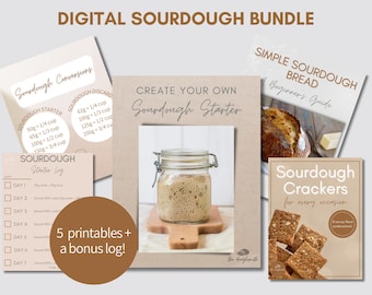 May include: A digital sourdough bundle with five printable guides and a bonus starter log. The bundle includes recipes for sourdough bread, crackers, and a guide to creating your own sourdough starter. The printables are on a brown background with white text.