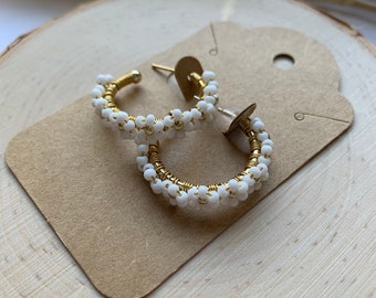 Floral Hoop Earrings | White Floral Hoop Earrings | 18K Gold Plated Beaded Hoop Earrings | 18K Gold Plated Hoops | Beaded Hoops | Hoops