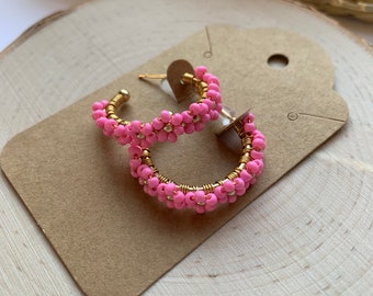 Floral Hoop Earrings | Pink Floral Hoop Earrings | 18K Gold Plated Beaded Hoop Earrings | 18K Gold Plated Hoops | Beaded Hoops | Hoops