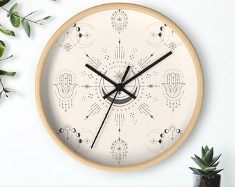 Boho Celestial Hamsa Wall Clock | Boho Wall Clock | Celestial Wall Clock | Clock with Hamsa | Office Decor