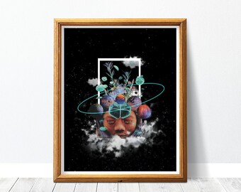 Celestial surrealist analog digital collage | Printable | Digital download | underwater space portrait | modern art wall decor | art for kid