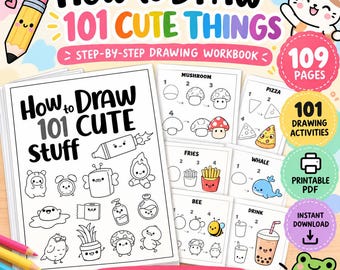 May include: A drawing workbook titled How to DRAW 101 CUTE THINGS featuring step-by-step instructions for 101 drawing activities. The cover displays black and white illustrations of cute characters, food, and animals, with colourful accents and text.