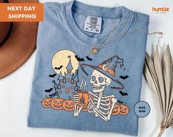 Comfort Colors® Skeleton Drinking Coffee Shirt, Skeleton Coffee Tee, Skeleton Fall Shirt, Comfy Skeletons T-Shirt, Coffee Lover Shirt