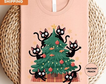 Shirt kerstboom en kat, kerstcadeau katteneigenaar, kattenliefhebber kerstshirt, kerstboomshirt, grappig vakantieshirt, leuk kerstcadeau