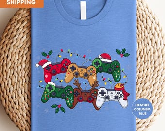 Gamer-Weihnachtsshirt, Shirt mit Weihnachtsbeleuchtung und Gamecontrollern, Geschenk für Gamer, lustiges Gaming-Shirt, Geschenk für Spielefans, Weihnachtsshirt für Videospieler