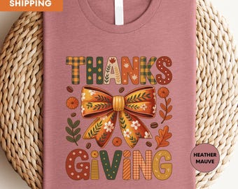 Retro Coquette Bow Thanksgiving Shirt, Women Thanksgiving Shirt, Cute Thankful Shirt, Fall Thanksgiving Gift, Happy Thanksgiving Tee