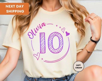 Camiseta personalizada para niña, camiseta de cumpleaños personalizada con nombre de niño, regalo de cumpleaños, camiseta personalizada para el décimo cumpleaños, regalo para el décimo cumpleaños