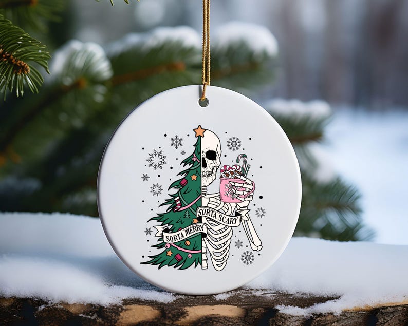 a ceramic ornament with a skeleton holding a christmas tree