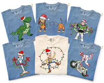 Disney Toy Story 5 Christmas Group Shirt, Buzz Lightyear Woody Rex Christmas Lights Tee, WDW Disneyland Holiday Family Christmas Sweatshirt