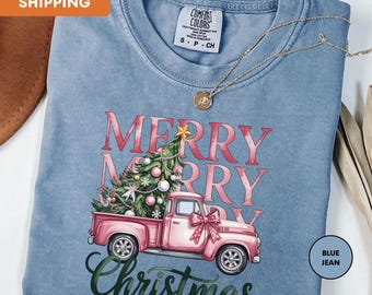 Comfort Colors Merry Christmas Shirt, Christmas Truck Shirt, Christmas Tree Shirt, Retro Xmas Shirt, Cute Christmas Holiday Shirt