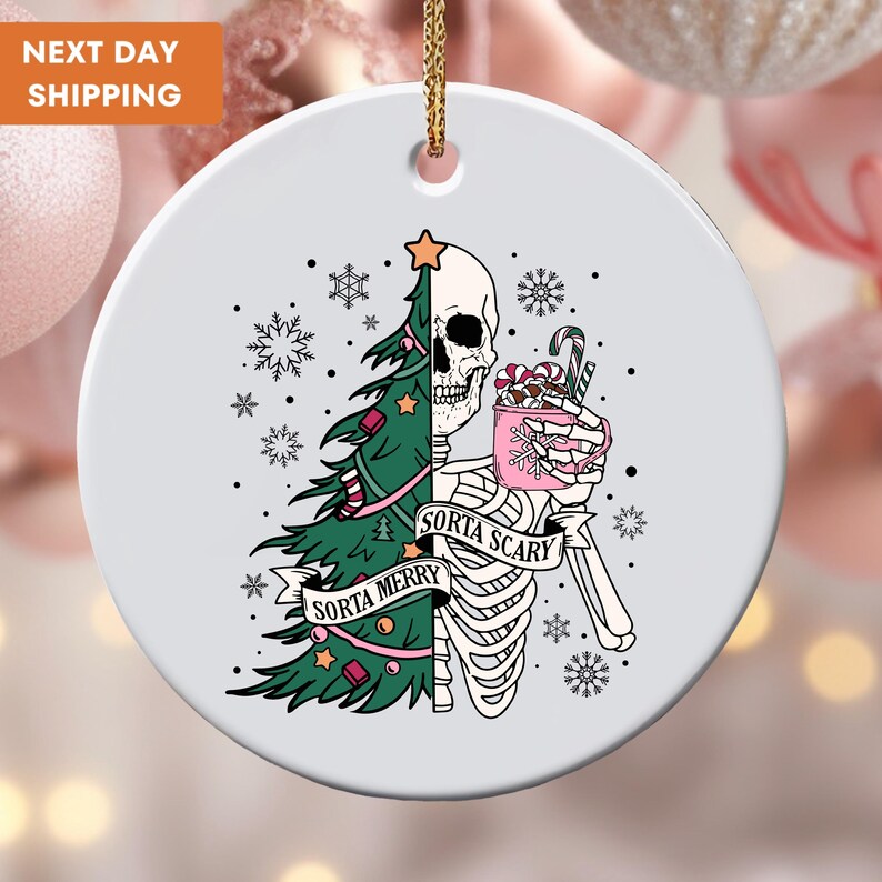 a christmas ornament with a skeleton holding a christmas tree