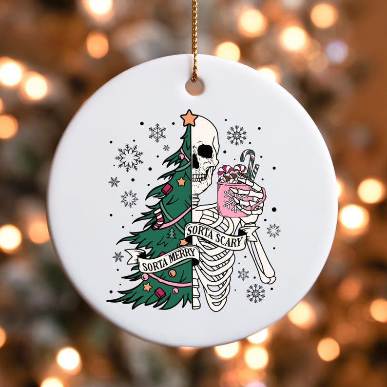 a christmas ornament with a skeleton holding a cake
