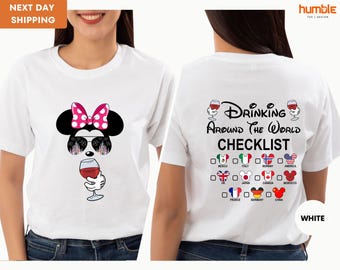 Camiseta Mickey, cerveza, Minnie y vino (delantera y trasera), Epcot: "Bebiendo por el mundo", Lista de verificación para beber por el mundo, Camisetas de pareja de Disney