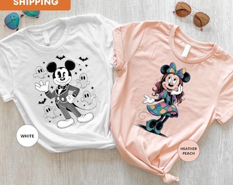Vintage Mickey And Minnie Halloween Couple Shirt, Disney Halloween Matching Shirt, Retro Mickey Mouse Shirt, Halloween Family Shirt