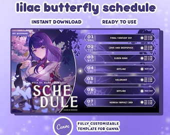 Lilac Butterfly Stream Schedule Template: Canva Template For Vtubers/Streamers (Digital Download)