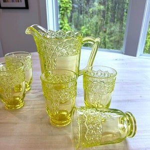 Exquisite Vintage Vaseline Uranium Glass Pitcher with Six Glasses - Button and Bows Pattern - Rare