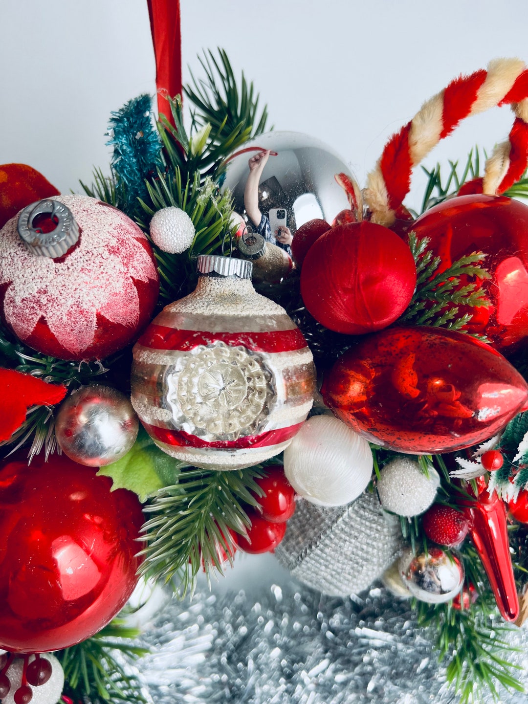 15 Vintage Christmas Ornament and Kitsch Wreath With Silver Tinsel Etsy