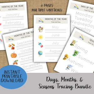 Days Months Seasons Tracing Bundle | Prewriting Practice Worksheets | Homeschool Preschool Printable | Learn to Write